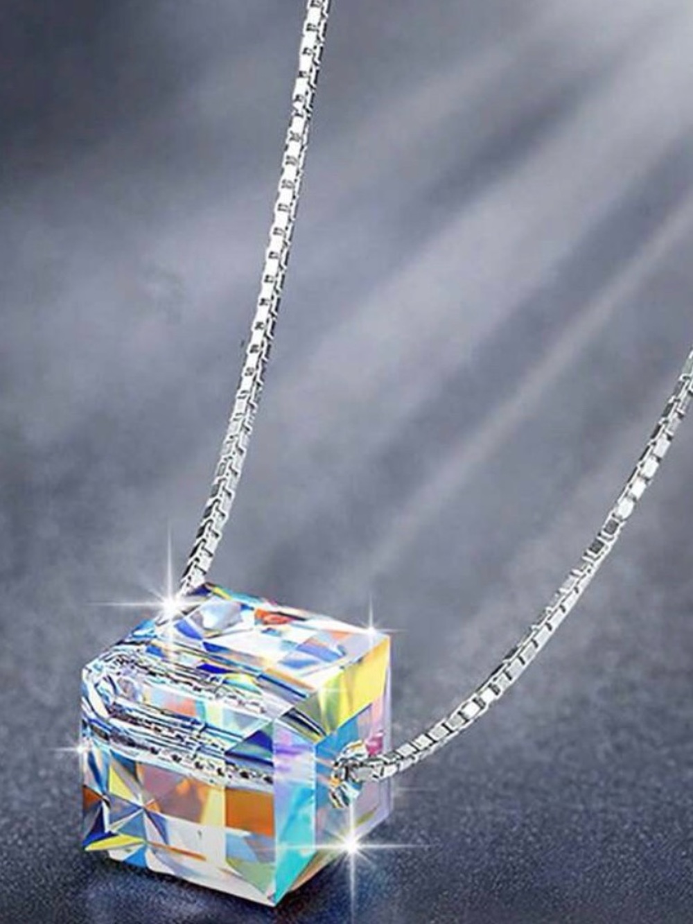 SHEIN Iridescent Multicolor Crystal Cube Pendant Necklace - Silver